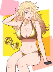Rule 34 | 1girl, absurdres, aqua eyes, arm support, bare shoulders, bikini, birdie wing: golf girls&#039; story, blonde hair, breasts, cleavage, eve (birdie wing: golf girls&#039; story), fingerless gloves, gloves, gold bikini, highres, large breasts, long hair, navel, one eye closed, open mouth, single glove, sitting, solo, sosona, swimsuit