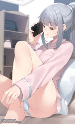Rule 34 | 1girl, absurdres, ass, barefoot, blue eyes, blunt bangs, bottomless, calling, cellphone, couch, grey hair, hair ornament, hair scrunchie, hand to head, highres, holding, holding phone, hugging own legs, jjune, long hair, on couch, original, pajamas, panties, pantyshot, phone, pink pajamas, ponytail, room, scrunchie, sidelocks, sitting, smartphone, smile, solo, talking on phone, thighs, underwear, white panties