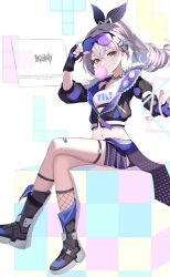 Rule 34 | 1girl, absurdres, black footwear, black gloves, black jacket, black shorts, boots, blowing bubbles, chewing gum, commentary request, cropped jacket, crossed legs, drill hair, eyewear on head, fingerless gloves, gloves, grey eyes, grey hair, hand up, highres, honkai: star rail, honkai (series), jacket, kenomotsu yukuwa, knee boots, looking at viewer, midriff, navel, ponytail, short shorts, shorts, silver wolf (honkai: star rail), sitting, solo, tailcoat, thigh strap