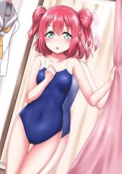 Rule 34 | 1girl, :o, absurdres, aqua eyes, ascot, bare arms, bare shoulders, blue one-piece swimsuit, blush, breasts, collarbone, covered navel, cowboy shot, curtains, fingernails, gluteal fold, hair between eyes, hands up, highres, huge filesize, kurosawa ruby, long fingernails, looking at viewer, love live!, love live! sunshine!!, mirror, nail polish, necktie, one-piece swimsuit, open mouth, pink nails, red hair, sandals, school swimsuit, school uniform, shiny skin, shirt, short hair, small breasts, solo, standing, swimsuit, thigh gap, two side up, unworn necktie, white shirt, yellow ascot, yopparai oni