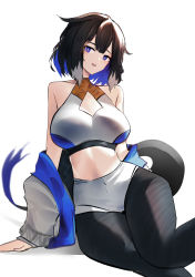 Rule 34 | 1girl, absurdres, animal ears, arknights, bare shoulders, black hair, black pantyhose, blue eyes, blue hair, breasts, cleavage cutout, clothing cutout, colored inner hair, highres, jacket, kjera (arknights), large breasts, looking at viewer, midriff, multicolored hair, off shoulder, open clothes, open jacket, open mouth, pantyhose, shirt, shorts, simple background, sitting, solo, tail, thighs, wawamachi (wawamachis), white background, white jacket, white shirt, white shorts