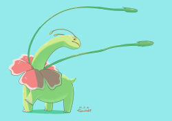 Rule 34 | animal focus, artist name, blue background, creatures (company), dated, flower, full body, fuyu mikan, game freak, gen 2 pokemon, highres, leg up, looking to the side, meganium, nintendo, no humans, pink flower, plant, pokemon, pokemon (creature), signature, simple background, solo, standing, vines, yellow eyes