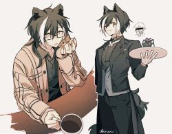 Rule 34 | 1boy, :o, ;3, animal ears, black coat, black hair, black pants, black suit, brown cardigan, butler, cardigan, cat, censored, chibi, chibi inset, claireiosity, coat, commentary, cowboy shot, cross tie, cup, english commentary, fang, fingernails, formal, glasses, gloves, grey shirt, grey vest, hair between eyes, hair ornament, hair over shoulder, hairclip, hand up, highres, holding, holding cup, holding tray, holostars, identity censor, jackal boy, jackal ears, jackal tail, jewelry, kageyama shien, koyama (kageyama shien), kuroshitsuji, lapel pin, looking at viewer, looking up, low ponytail, male focus, medium hair, monocle, multicolored hair, multiple views, nakayama (kageyama shien), necklace, official alternate costume, one eye closed, open cardigan, open clothes, open collar, open mouth, pants, plaid cardigan, plaid clothes, sebastian michaelis, sharp fingernails, shirt, sideways glance, skin fang, slit pupils, smile, standing, suit, surprised, table, tail, tailcoat, tray, two-tone hair, upper body, vest, virtual youtuber, white background, white gloves, white hair, yellow eyes