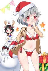 Rule 34 | 2girls, alternate costume, antlers, arm behind back, bad id, bad pixiv id, bag, belly, bikini, blush, box, breasts, chako (chakoxxx), christmas, cleavage, clenched hand, contrapposto, covering own mouth, dress, fur-trimmed bikini, fur trim, gift, gift box, half updo, hand on own face, hat, highres, horns, innertube, kijin seija, kishin sagume, layered dress, looking at viewer, multicolored hair, multiple girls, navel, open clothes, open shirt, pennant, red eyes, reindeer antlers, santa hat, shirt, short hair, side-tie bikini bottom, silver hair, simple background, smile, standing, star (symbol), streaked hair, string of flags, sweat, swim ring, swimsuit, touhou, white background