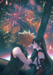 Rule 34 | 1boy, 1girl, aerial fireworks, armor, bare shoulders, black gloves, black hair, black skirt, blonde hair, blurry, blurry background, blush, breasts, closed mouth, cloud strife, commentary, couple, crop top, ear blush, earrings, facing another, final fantasy, final fantasy vii, final fantasy vii rebirth, final fantasy vii remake, fireworks, gloves, gondola, hand on another&#039;s shoulder, imminent kiss, jewelry, large breasts, lips, long hair, midriff, miyukiko, night, night sky, ribbed sweater, short hair, shoulder armor, signature, single arm guard, single bare shoulder, single earring, sitting, skirt, sky, sleeveless, sleeveless turtleneck, spiked hair, suspender skirt, suspenders, sweater, tank top, tifa lockhart, turtleneck, turtleneck sweater, upper body, white tank top