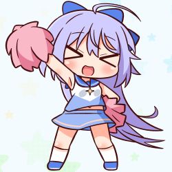 Rule 34 | &gt; &lt;, 1girl, :d, absurdres, ahoge, blue background, blue bow, blue footwear, blue hair, blue skirt, blush, bow, breasts, cheerleader, chibi, closed eyes, facing viewer, full body, hair between eyes, hair bow, hana kazari, highres, holding, kneehighs, long hair, navel, open mouth, outstretched arm, pom pom (cheerleading), princess connect!, shirt, shoes, skirt, sleeveless, sleeveless shirt, small breasts, smile, socks, solo, standing, star (symbol), starry background, tomo (magical girl) (princess connect!), tomo (princess connect!), very long hair, white shirt, white socks, xd