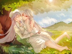 Rule 34 | 2girls, absurdres, bare shoulders, barefoot, blue sky, character request, check character, closed eyes, cloud, cloudy sky, commentary request, day, dress, earrings, fu hua, fu hua (herrscher of sentience), grey hair, hair between eyes, hat, highres, honkai (series), honkai impact 3rd, jacket, jewelry, juliet sleeves, long hair, long sleeves, looking at another, multiple girls, on grass, outdoors, parted lips, puffy sleeves, red eyes, sky, sleeveless, sleeveless dress, smile, tree, very long hair, white dress, white headwear, white jacket, x51489586
