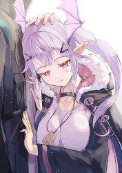 1girl 1other absurdres arknights black_jacket blue_nails breasts fur-trimmed_hood fur_trim head_wings highres hood hood_down hooded_jacket jacket large_breasts long_hair long_sleeves manticore_(arknights) nail_polish pointy_ears purple_eyes purple_hair shirt solo_focus twintails uutan_(shibainu_kakumei) white_shirt wings