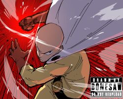 Rule 34 | 1boy, absurdres, artist name, bald, belt, belt buckle, black eyes, bodysuit, bonesaw (artist), buckle, cape, closed mouth, cowboy shot, diffraction spikes, floating cape, gloves, highres, imminent punch, looking at viewer, male focus, one-punch man, open hand, red background, red gloves, saitama (one-punch man), serious, solo, speed lines, twitter username, v-shaped eyebrows, watermark, wind, yellow bodysuit
