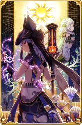 Rule 34 | animal ears, animal hat, border, bracelet, closed eyes, cyno (genshin impact), dark-skinned male, dark skin, detached sleeves, dress, egyptian clothes, electricity, from behind, genshin impact, grey hair, hat, highres, holding, holding weapon, jackal ears, jewelry, long hair, nahida (genshin impact), own hands clasped, own hands together, pointy ears, polearm, red eyes, short dress, short sleeves, sleeveless, sleeveless dress, staff of the scarlet sands (genshin impact), su34ma, topless, weapon, white dress, white hair