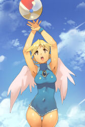Rule 34 | 1girl, :o, armpits, arms up, ball, beach, beachball, blonde hair, breasts, breath of fire, breath of fire iv, brooch, brown eyes, brown hair, cleavage, cloud, commentary, cropped legs, english commentary, gluteal fold, highres, jewelry, looking up, medium breasts, navel, nina (breath of fire iv), one-piece swimsuit, open mouth, pink wings, pinup (style), short hair, sky, sleeveless, solo, summer, swimsuit, vins-mousseux, wings