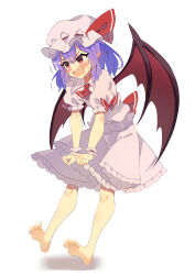 Rule 34 | 1girl, absurdres, angry, ascot, back bow, barefoot, blue hair, blush, bow, commentary request, demon wings, double-parted bangs, eyelashes, fang, feet, frilled shirt collar, frilled skirt, frills, from side, full body, hair between eyes, hat, hat bow, highres, leaning forward, looking afar, medium hair, mob cap, open mouth, puffy short sleeves, puffy sleeves, red ascot, red bow, red eyes, remilia scarlet, seika okawari, shirt, short sleeves, simple background, skirt, soles, solo, sweatdrop, toes, touhou, v-shaped eyebrows, v arms, white background, white hat, white shirt, white skirt, wings