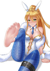 Rule 34 | 1girl, absurdres, artoria pendragon (all), artoria pendragon (fate), artoria pendragon (swimsuit ruler) (fate), bare shoulders, blonde hair, breasts, cleavage, fate/grand order, fate (series), feet, foot focus, green eyes, highres, large breasts, leg up, long hair, looking at viewer, oirin, sitting, soles, solo, toes