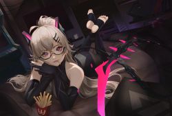 Rule 34 | 1girl, absurdres, can, feet, food, food in mouth, french fries, gloves, grey hair, highres, indie virtual youtuber, long hair, looking at viewer, luie (luieart), lying, mechanical tail, on stomach, partially fingerless gloves, ponytail, red eyes, saruei (vtuber), scar, scar across eye, solo, stirrup legwear, tail, toeless legwear, virtual youtuber