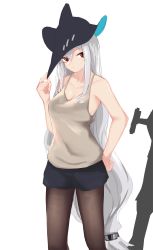 Rule 34 | 1girl, arknights, bad id, bad pixiv id, bare arms, bare shoulders, black hat, black shorts, breasts, brown pantyhose, brown tank top, cleavage, closed mouth, collarbone, grey hair, hair between eyes, hair ornament, hand on headwear, hand on own hip, hand up, hat, highres, inniyik, long hair, looking at viewer, medium breasts, pantyhose, pantyhose under shorts, red eyes, short shorts, shorts, simple background, skadi (arknights), solo, tank top, very long hair, white background