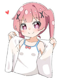 Rule 34 | 1girl, bare shoulders, blush, camisole, closed mouth, collarbone, commentary request, cropped torso, hair ornament, heart, highres, kapuru 0410, long hair, looking at viewer, open clothes, open shirt, pink hair, purple eyes, shirt, simple background, smile, solo, tanemura koyori, twintails, upper body, watashi ni tenshi ga maiorita!, white background, white camisole, white shirt, x hair ornament