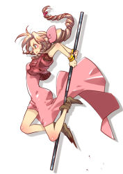 Rule 34 | 1990s (style), 1girl, aerith gainsborough, arms up, blush, bow, bracelet, brown hair, cropped jacket, curly hair, dress, final fantasy, final fantasy vii, full body, green eyes, hair ribbon, jewelry, jumping, long dress, long hair, pink bow, pink dress, ponytail, ribbon, shoes, solo, staff, torimeiro, white background