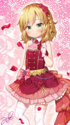 Rule 34 | 1girl, bare shoulders, blonde hair, blush, braid, breasts, clenched hand, commentary request, dress, flower, gloves, green eyes, hair between eyes, hair flower, hair ornament, hairband, highres, idolmaster, idolmaster cinderella girls, looking at viewer, medium hair, petals, red hairband, rose, sakurai momoka, side braid, signature, single braid, small breasts, smile, solo, thighhighs, white gloves, white thighhighs, yukino minato