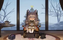Rule 34 | 1girl, :d, ^ ^, animal, animal ears, bare tree, black cat, blue sky, blush, brown hair, brown shirt, cat, chair, chibi, christmas, christmas tree, closed eyes, commentary request, cup, day, dokomon, facing viewer, fringe trim, hair between eyes, highres, holding, holding cup, horse ears, horse girl, horse tail, indoors, korean commentary, long sleeves, mug, multicolored hair, no shoes, on chair, open mouth, pink footwear, rocking chair, romaji text, shirt, short eyebrows, skirt, sky, sleeves past wrists, slippers, unworn slippers, smile, snow, snowing, socks, solo, streaked hair, tail, thick eyebrows, tree, umamusume, white hair, white skirt, white socks, wonder acute (umamusume), yarn, yarn ball