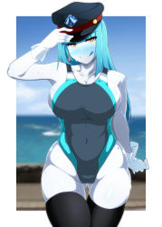 Rule 34 | 1girl, :q, black thighhighs, blue hair, blue skin, blunt bangs, blush, breasts, cleavage, colored skin, commentary request, competition swimsuit, covered navel, gloves, gluteal fold, hat, highres, kani club, long hair, looking at viewer, one-piece swimsuit, original, smile, solo, swimsuit, thighhighs, tongue, tongue out, white gloves, yellow eyes, yuki onna