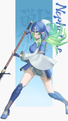 Rule 34 | alternate costume, armor, blue background, character name, commentary, commentary request, fighting stance, fire emblem, fire emblem: path of radiance, green eyes, green hair, halberd, helmet, holding, holding polearm, holding weapon, japanese armor, kabuto (helmet), kote, kusazuri, long hair, mixed-language commentary, nephenee (fire emblem), nintendo, open mouth, polearm, two-tone background, weapon, white background, yonaga nagaduki