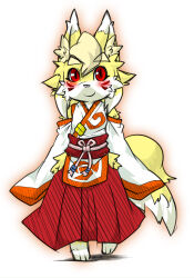 Rule 34 | 1girl, animal ear fluff, animal ears, animal feet, animal nose, arms at sides, bare shoulders, barefoot, blonde hair, blush, body fur, closed mouth, clothing cutout, facial mark, feet, female focus, flat chest, fox ears, fox girl, fox tail, furry, furry female, hakama, hakama skirt, happy, hip vent, japanese clothes, kame (3t), kimono, looking at viewer, miko, obi, orange outline, orange trim, original, red eyes, red hakama, sash, short hair, shoulder cutout, simple background, sketch, skirt, sleeves past fingers, sleeves past wrists, smile, solo, tail, thick eyebrows, two-tone fur, whisker markings, white background, white fur, white kimono, wide sleeves, yellow fur, yhun-chan (kame (3t))