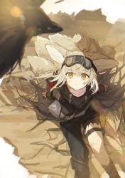 Rule 34 | 1girl, aitekku, animal ear fluff, animal ears, arknights, bird, black scarf, blonde hair, closed mouth, commentary request, dirty, dirty face, expressionless, feet out of frame, fingerless gloves, fox ears, fox girl, fox tail, gloves, goggles, goggles on head, highres, long hair, looking at viewer, multiple tails, official alternate costume, orange eyes, scarf, solo, suzuran (arknights), suzuran (lostlands flowering) (arknights), tail