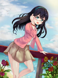 Rule 34 | 10s, 1girl, absurdres, adjusting eyewear, alternate costume, bad id, bad pixiv id, black hair, blue eyes, casual, cloud, contemporary, day, flower, glasses, hand on eyewear, highres, kantai collection, long hair, looking at viewer, ocean, ooyodo (kancolle), open mouth, pleated skirt, ren (gh), skirt, sky, solo