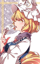 Rule 34 | 1girl, animal hat, between fingers, blonde hair, brooch, commentary request, dress, fingernails, fox tail, frills, gokuu (acoloredpencil), hat, highres, holding, jewelry, long fingernails, long sleeves, mob cap, ofuda, ofuda between fingers, open mouth, patterned background, reiwa, short hair, slit pupils, solo, tabard, tail, touhou, white dress, white hat, yakumo ran, yellow eyes