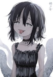 Rule 34 | 1girl, animal, bare shoulders, black choker, black dress, black hair, black snake, choker, dress, ear piercing, earrings, fang, forked tongue, frilled dress, frills, grey eyes, hair between eyes, highres, jewelry, lip piercing, looking at viewer, medium hair, mohato official, original, parted lips, piercing, scales, slit pupils, smile, snake, solo, tongue, tongue out