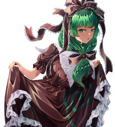 Rule 34 | 1girl, absurdres, bow, dress, frilled bow, frilled dress, frilled ribbon, frills, front ponytail, green eyes, green hair, hair bow, hair ribbon, highres, kagiyama hina, lifting own clothes, open mouth, print ribbon, puffy short sleeves, puffy sleeves, red bow, red dress, red ribbon, ribbon, short sleeves, simple background, solo, touhou, white background, y6black
