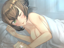 Rule 34 | 10s, 1girl, 2015, ;p, baffu, bed, bed sheet, blush, breasts, brown hair, cleavage, clenched hand, covering privates, dated, female focus, green eyes, hair between eyes, highres, jewelry, kantai collection, large breasts, looking at viewer, lying, mutsu (kancolle), no headgear, nude, nude cover, on bed, on stomach, one eye closed, pillow, pov across bed, ring, short hair, solo, tongue, tongue out, under covers, wedding band, wink