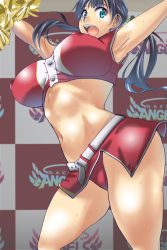 Rule 34 | 1girl, aqua eyes, black hair, breasts, checkered background, cheerleader, covered erect nipples, huge breasts, kunifuto, large breasts, long hair, open mouth, original, panties, pom pom (cheerleading), shirt, smile, solo, thick thighs, thighs, tight clothes, tight shirt, twintails, underwear