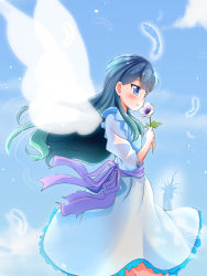 Rule 34 | 10s, 1girl, blue background, blue dress, blue eyes, blue hair, bow, closed mouth, cloud, cowboy shot, dress, feathers, flower, highres, holding, holding flower, hugtto! precure, long hair, mitumi mira, precure, purple bow, sky, smile, solo, white wings, wings, yakushiji saaya