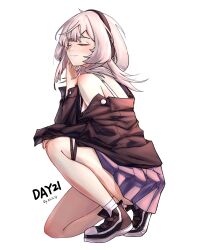 Rule 34 | 1girl, absurdres, arknights, bare shoulders, black footwear, black jacket, blue skirt, blush, closed eyes, commentary request, dated, gaoling gangqin, headphones, highres, jacket, long hair, mulberry (arknights), on one knee, shoes, skirt, smile, sneakers, socks, solo, thigh strap, very long hair, white hair, white socks
