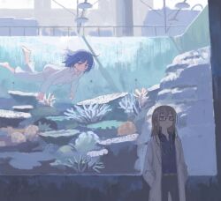 Rule 34 | 2girls, aquarium, belt, black pants, blue eyes, blue hair, blue shirt, brown belt, brown eyes, brown hair, closed mouth, coat, collared shirt, commentary request, commission, coral, glasses, hands in pockets, highres, lab coat, long hair, looking at another, muji (uimss), multiple girls, original, pajamas, pants, railing, shirt, short hair, skeb commission, standing, stethoscope, swimming, underwater, white coat, white pajamas, window