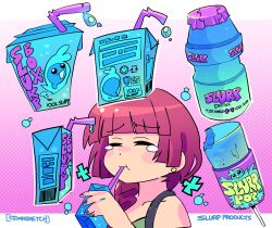 Rule 34 | 1girl, alcohol carton, bocchi the rock!, carton, closed eyes, crossover, dress, drinking straw, drinking straw in mouth, floating, food, fortnite, green dress, halftone, halftone background, highres, hiroi kikuri, jiansketch, pink background, popsicle, purple hair, solo, tearing up, upper body, yakult