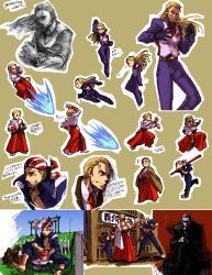 Rule 34 | 3boys, bandana, baseball cap, billy kane, blonde hair, blue eyes, bomber jacket, command input, denim, dougi, fatal fury, fingerless gloves, formal, geese howard, gloves, grass, hat, highres, itkz (silentknight), jacket, japanese clothes, jeans, laundry, long hair, male focus, multiple boys, muscular, necktie, pants, ponytail, ryuuko no ken, short hair, simple background, smile, snk, staff, suit, tank top, terry bogard, the king of fighters, three section staff, topless male, translation request, vest