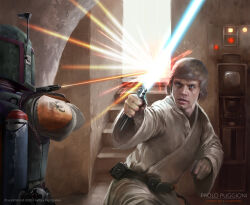 2boys armor artist_name blonde_hair blue_eyes blue_lightsaber boba_fett energy_sword helmet highres holding_lightsaber indoors lightsaber luke_skywalker multiple_boys paolo_puggioni short_hair star_wars sword tatooine tunic weapon white_tunic