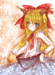Rule 34 | 1girl, bare shoulders, blonde hair, blue eyes, blue skirt, blush, bottle, bow, bowtie, chain, female focus, gourd, hair bow, ibuki suika, kasuga sunao, looking at viewer, red bow, red bowtie, shirt, skirt, smile, solo, sparkle, touhou, white shirt, wrist cuffs