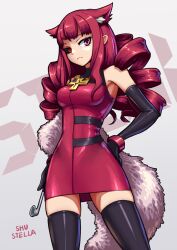 Rule 34 | 1girl, absurdres, animal ear fluff, animal ears, bare shoulders, black gloves, black thighhighs, breasts, cat ears, cowboy shot, cross, dress, drill hair, elbow gloves, gloves, hand on own hip, highres, holding, holding smoking pipe, looking at viewer, medium breasts, quad drills, red dress, red eyes, red hair, shu-stella, sleeveless, sleeveless dress, smoking pipe, solo, stella hoshii, thighhighs, va-11 hall-a