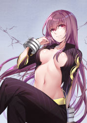 Rule 34 | 1girl, absurdres, aer (tengqiu), backless outfit, bow, breasts, center opening, cleavage, cosplay, emiya alter, emiya alter (cosplay), fate/grand order, fate (series), highres, long hair, looking at viewer, medium breasts, purple hair, red eyes, scathach (fate), smile, solo, very long hair, waist bow