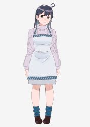 Rule 34 | 1girl, ahoge, animal, animal on head, apron, aran sweater, bad id, bad twitter id, black hair, blue socks, brown eyes, cable knit, commentary, full body, grey background, grey skirt, kantai collection, lavender sweater, loafers, long hair, looking at viewer, loose socks, ojipon, on head, rabbit, rabbit on head, shoes, simple background, skirt, smile, socks, solo, standing, sweater, ushio (kancolle), white apron