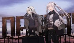 Rule 34 | 2girls, ak-12, ak-12 (girls&#039; frontline), an-94, an-94 (girls&#039; frontline), assault rifle, black gloves, blonde hair, blue eyes, boots, braid, breasts, cero (last2stage), closed eyes, french braid, girls&#039; frontline, gloves, gun, hairband, highres, holding, holding gun, holding weapon, jacket, kalashnikov rifle, long hair, long sleeves, medium breasts, midriff, military, multiple girls, open mouth, outdoors, ponytail, rifle, scenery, sidelocks, silver hair, small breasts, smile, standing, very long hair, weapon