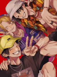 Rule 34 | 3boys, alternate costume, baseball cap, black hair, blonde hair, bucket hat, closed eyes, closed mouth, commentary request, family, freckles, grin, hat, highres, hood, hood up, jewelry, looking at viewer, male focus, monkey d. luffy, multiple boys, necklace, nsgw, one piece, portgas d. ace, red background, ring, sabo (one piece), scar, scar across eye, scar on face, shirt, short hair, short sleeves, shorts, simple background, smile, v