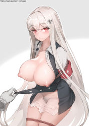 Rule 34 | 1girl, arms behind back, bdsm, blush, bondage, bound, bound arms, bound wrists, breasts, breasts out, closed mouth, collarbone, commentary request, cross, gao (gaolukchup), girls&#039; frontline, hair between eyes, iron cross, kar98k (girls&#039; frontline), large breasts, leaning forward, long hair, long sleeves, looking at viewer, nipples, no panties, open clothes, patreon username, puffy nipples, red eyes, see-through, silver hair, standing, sweat, thighhighs, very long hair