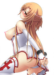Rule 34 | 10s, 1girl, arched back, arms behind back, ass, asuna (sao), bdsm, blush, bondage, bound, bound wrists, braid, breasts, breasts out, brown eyes, carrot works, clenched teeth, cuffs, detached sleeves, female focus, fingerless gloves, from side, frown, gloves, hai raito, handcuffs, kneeling, large breasts, long hair, looking at viewer, looking back, nipples, panties, pantyshot, sideboob, simple background, solo, sword art online, teeth, thighhighs, thighs, underwear, upskirt, white background, white panties, white thighhighs