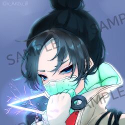 Rule 34 | 1girl, animification, anzu (x anzu ill), apex legends, black hair, blue background, blue eyes, hair bun, half-closed eyes, holding, holding knife, jacket, knife, kunai, looking at viewer, mask, mouth mask, parted bangs, portrait, quarantine 722 wraith, sample watermark, single hair bun, solo, watermark, weapon, white jacket, hope&#039;s dusk (apex legends), wraith (apex legends)