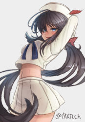 Rule 34 | 10s, 1girl, arms behind head, arms up, black eyes, black hair, blouse, blue neckerchief, bow, commentary, cowboy shot, dark-skinned female, dark skin, dixie cup hat, girls und panzer, grey background, hair bow, hair over one eye, hat, hat feather, highres, lips, long hair, long sleeves, looking at viewer, midriff, military hat, miniskirt, navel, neckerchief, ogin (girls und panzer), one-hour drawing challenge, ooarai naval school uniform, open mouth, pleated skirt, ponytail, red bow, sailor, sailor collar, school uniform, shirt, simple background, skirt, smile, solo, standing, tacch, twitter username, white hat, white shirt, white skirt