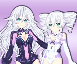 Rule 34 | absurdres, bare shoulders, black heart (neptunia), black sister, bodysuit, breasts, cleavage, gloves, green eyes, highres, long hair, medium breasts, neptune (series), noire (neptunia), pink background, purple heart (neptunia), purple sister, rhapsofree, siblings, sisters, small breasts, smile, thighs, tsundere, twin drills, twintails, uni (neptunia), white hair
